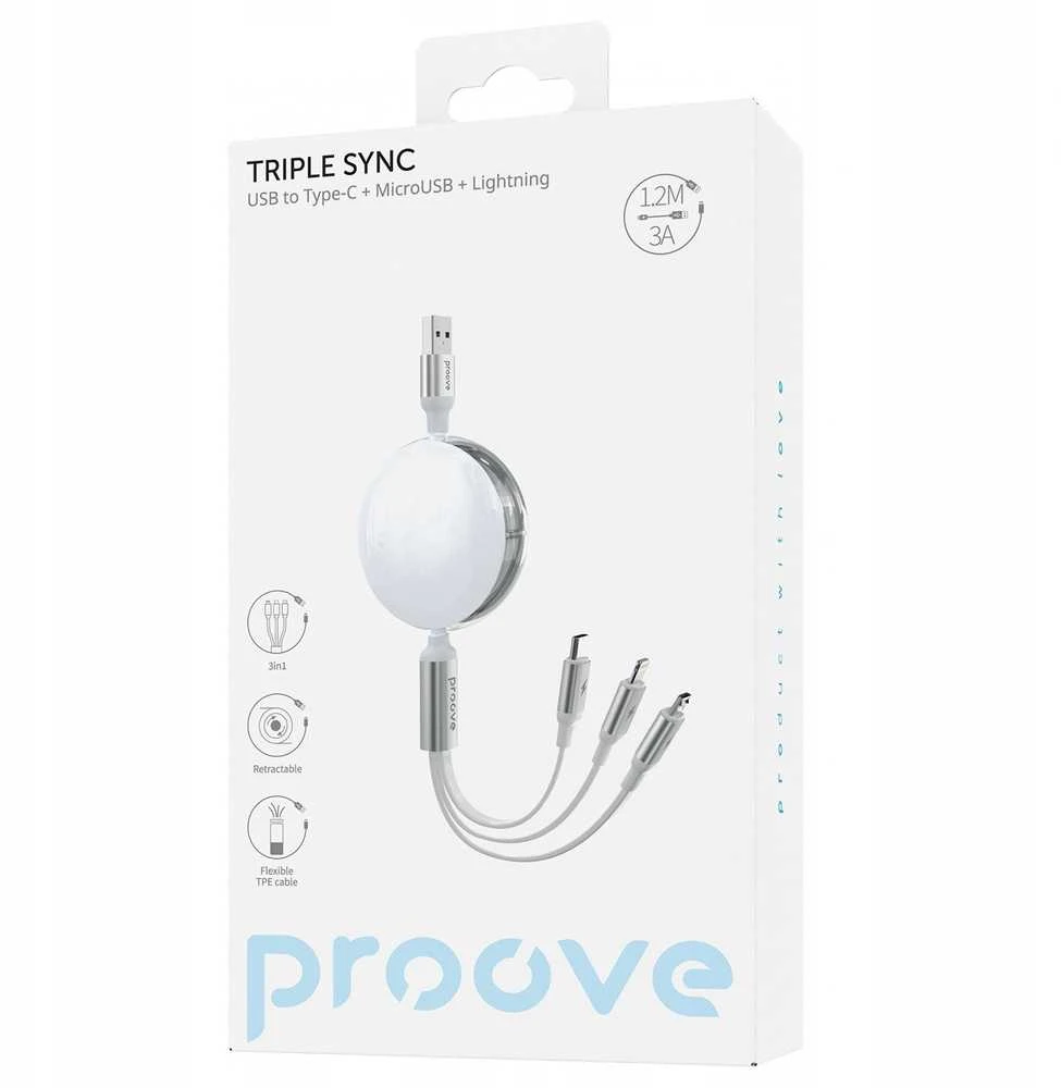 PROOVE USB laidas USB-A - USB-C + microUSB + Lightning 1,2 m, baltas (SB9453)
