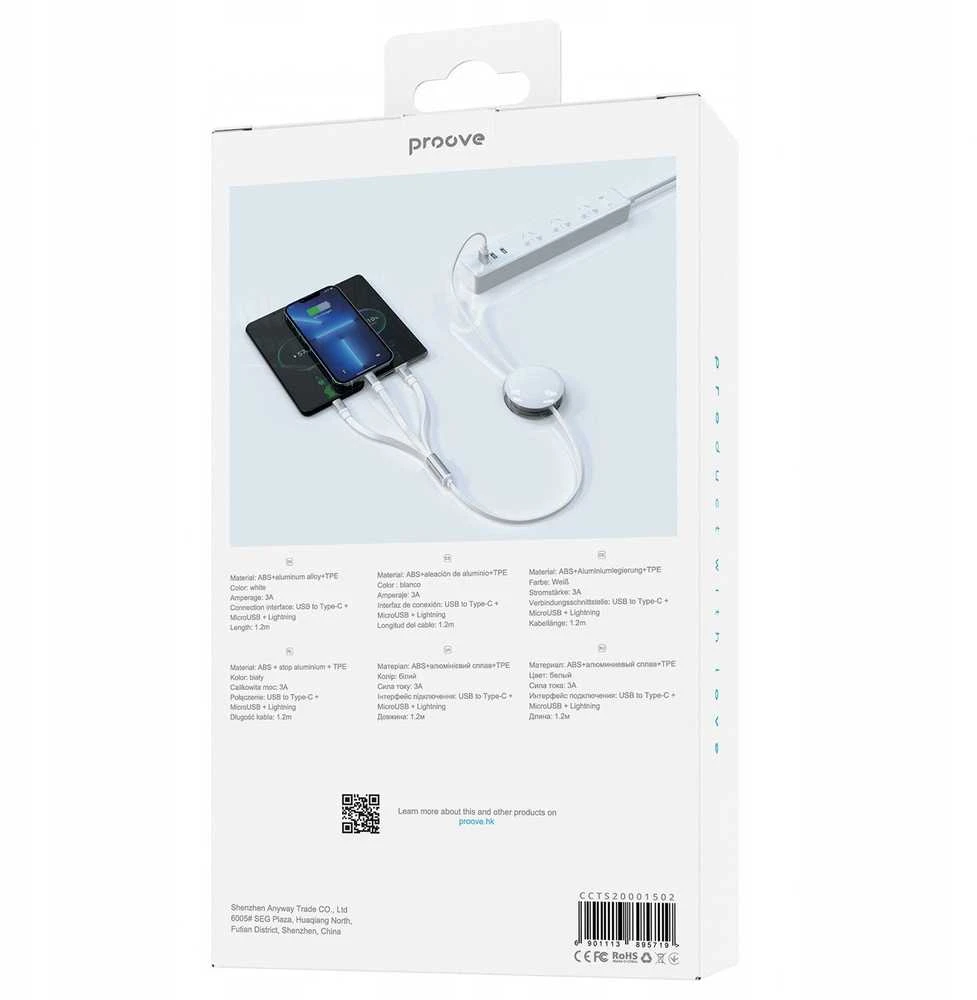 PROOVE USB laidas USB-A - USB-C + microUSB + Lightning 1,2 m, baltas (SB9453)