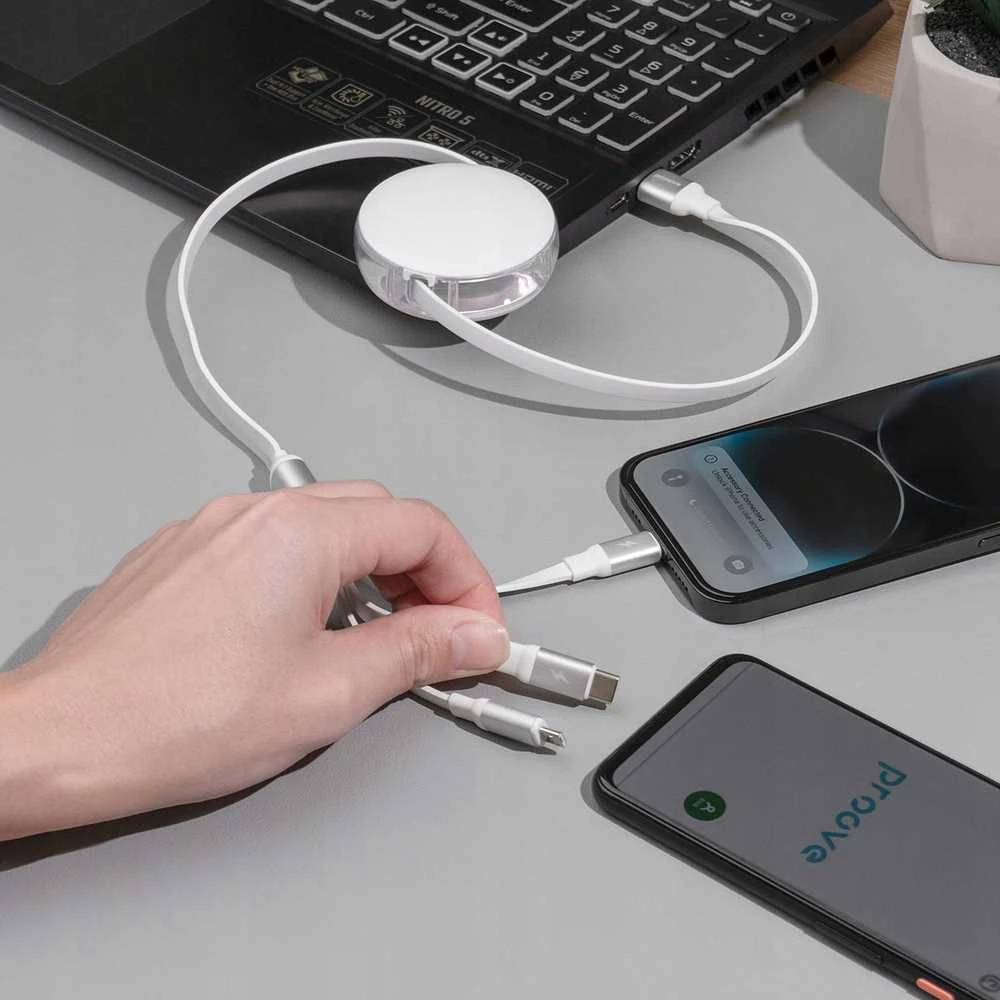 PROOVE USB laidas USB-A - USB-C + microUSB + Lightning 1,2 m, baltas (SB9453)