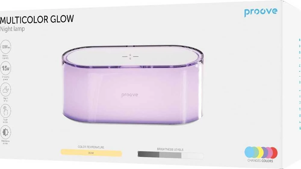 Proove naktinė lempa, daugiaspalvė, šviečianti LED RGB, 1200mAh, 5W, su indukciniu įkrovimu, 15W, baltos spalvos