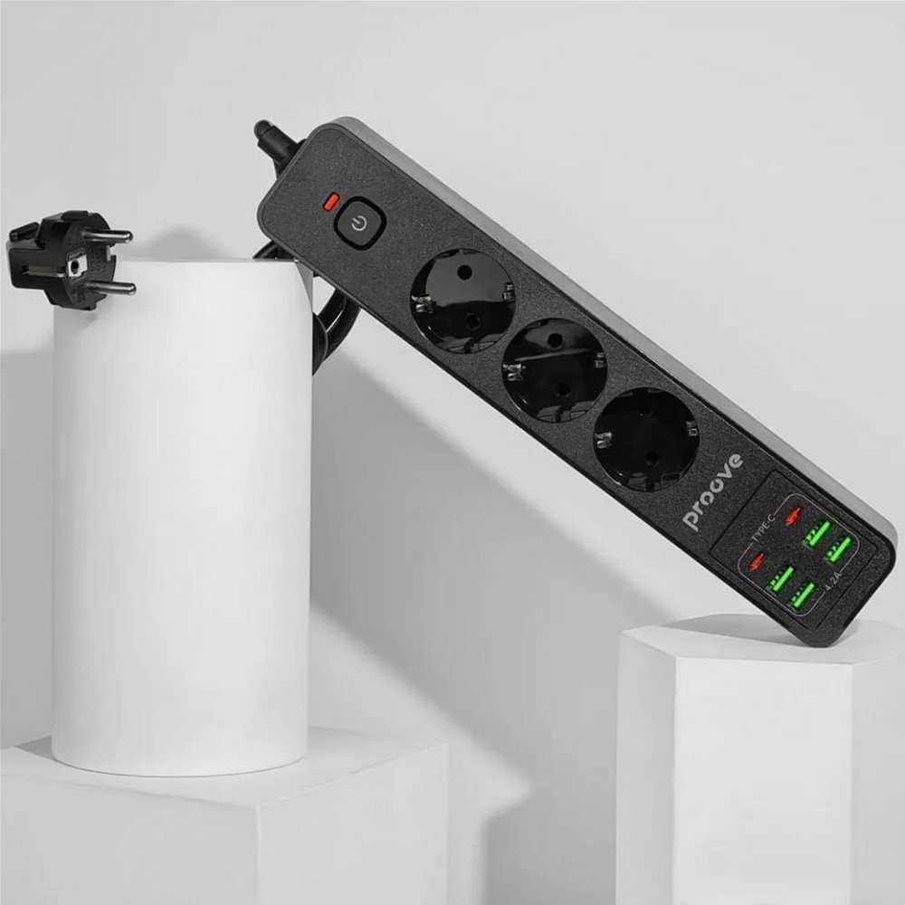 Proove maitinimo ilgintuvas 2m 3000W maitinimo lizdas P-03 (3xAC + 4xUSB + 2xType-C) juodos spalvos