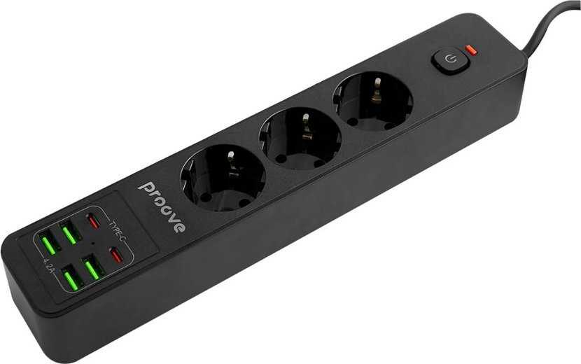 Proove maitinimo ilgintuvas 2m 3000W maitinimo lizdas P-03 (3xAC + 4xUSB + 2xType-C) juodos spalvos