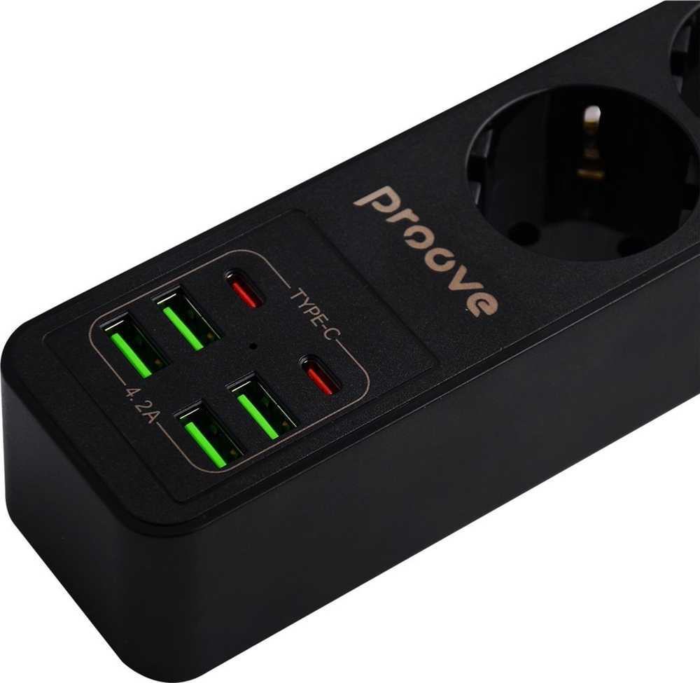Proove maitinimo ilgintuvas 2m 3000W maitinimo lizdas P-03 (3xAC + 4xUSB + 2xType-C) juodos spalvos