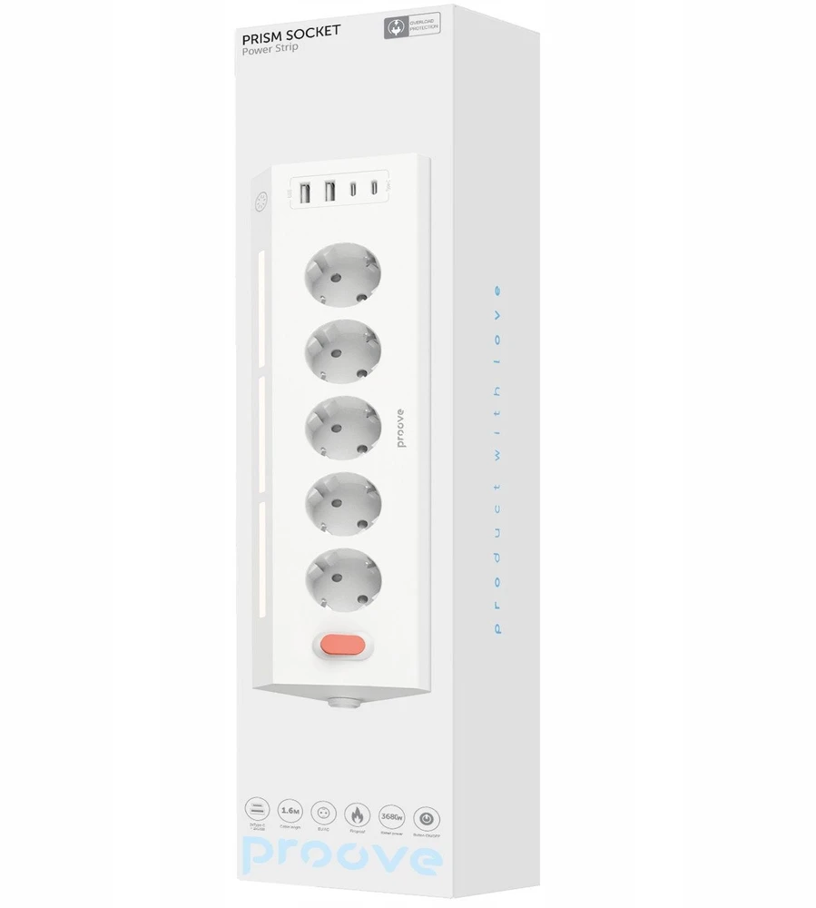 PROOVE Prism kištukinis lizdas Apsauga nuo viršįtampių Maitinimo prailgintuvas 5xAC 2x USB 2x USB-C 1,6 m (SB10605)