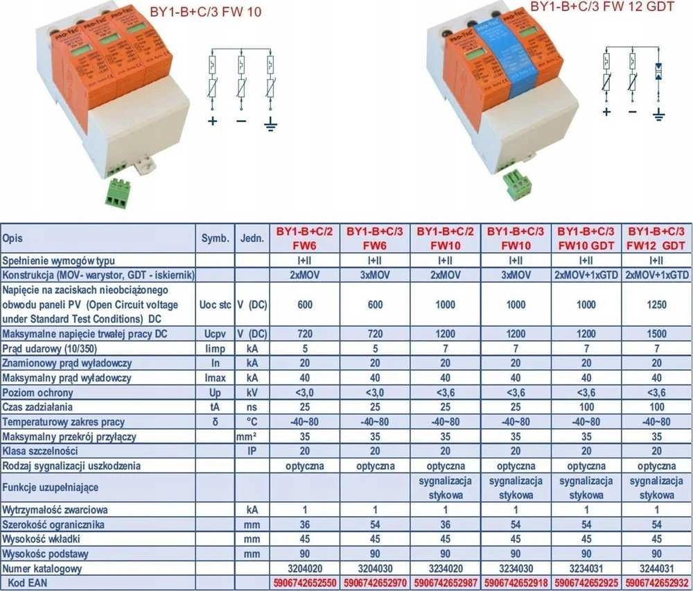 Protec PV viršįtampio ribotuvai T1+T2 (B+C) BY1-B+C/3 FW10 1000V DC 20/40kA Pro-Tec 3234030