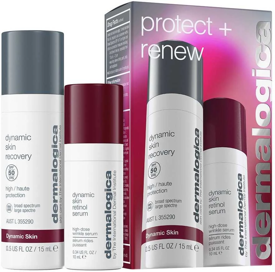 „Protect + Renew“ rinkinys „Dermalogica“: „Dynamic Skin“ retinolio serumas nuo raukšlių veidui, 10 ml + „Dynamic Skin“ retinolio serumas nuo raukšlių
