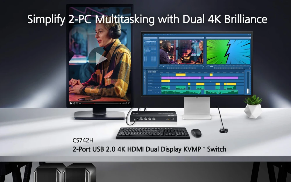 Aten CS742H-AT-G 2 prievadų USB 4K HDMI dviejų ekranų KVMP komutatorius (pridedami laidai) | Aten