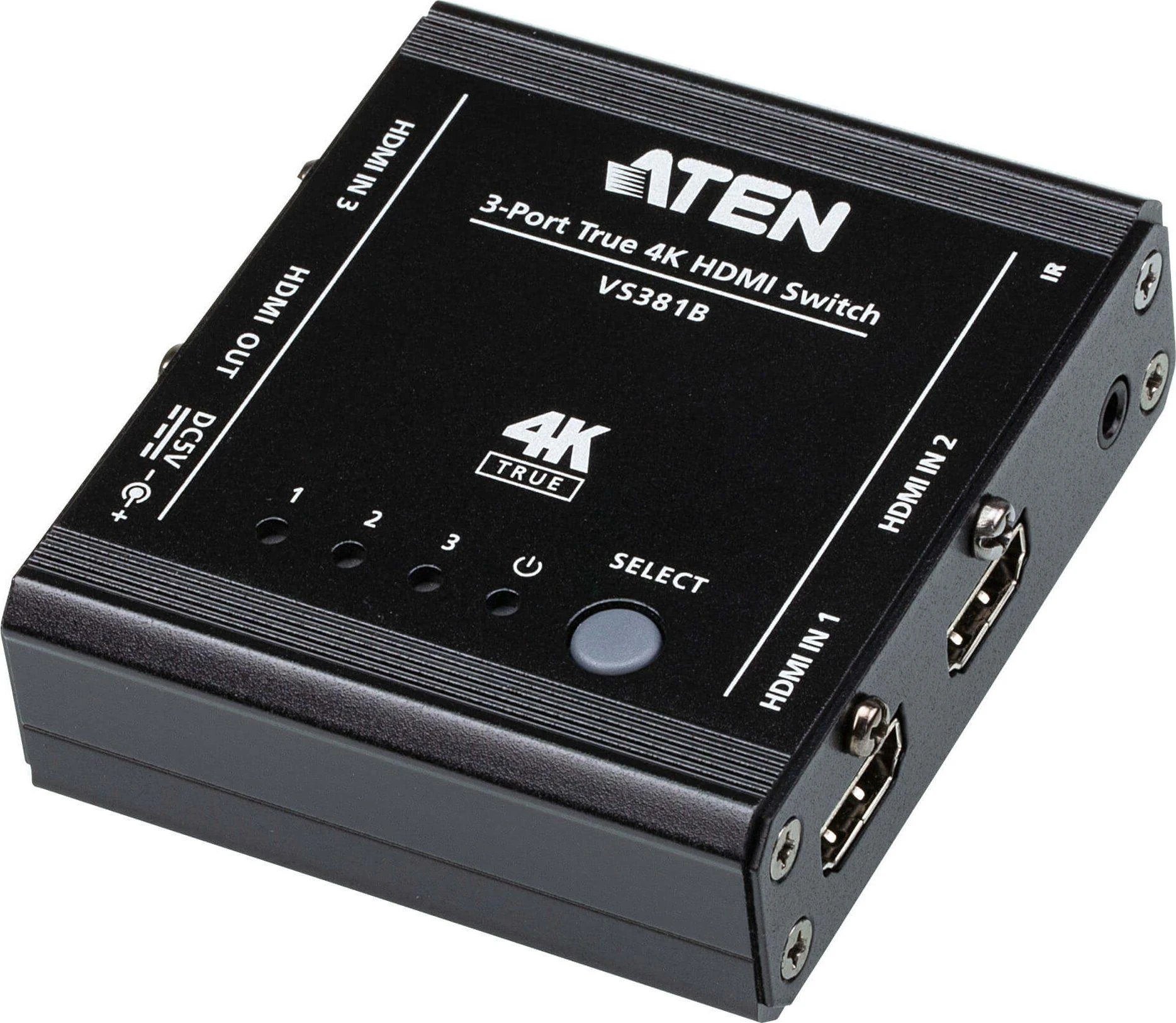 Aten | 3 prievadų tikrasis 4K HDMI jungiklis | VS381B | Įvestis: 3 x HDMI tipo A moteriška; Išvestis: 1 x HDMI tipo A moteriška