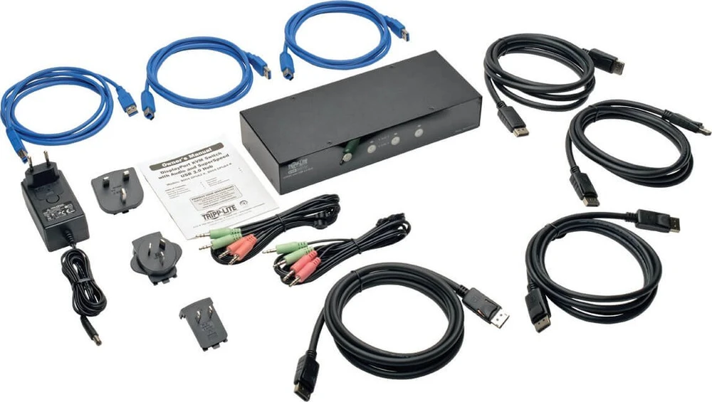 Przełącznik Eaton Tripp Lite series 4-Port DisplayPort KVM Switch w/Audio, Cables and USB 3.0 SuperSpeed Hub - KVM-/Audio-/USB-Switch - 4 x KVM/Audio/USB - 1 lokalny użytkownik - Desktop