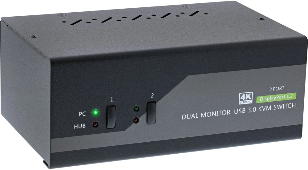 InLine® stalviršio KVM perjungiklis, 2 prievadų, dviejų monitorių DisplayPort 1.2, 4K, USB 3.0, garso