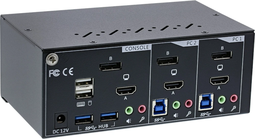 Przełącznik InLine® Desktop KVM Switch, 2-port, Dual Monitorius, Displayport 1.2 + HDMI 2.0, 4K, USB 3.0, Audio