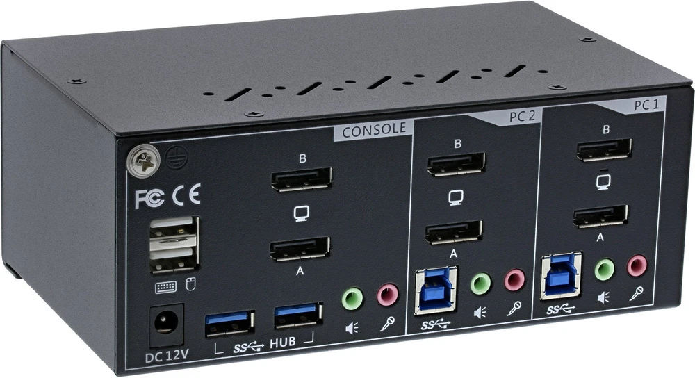 InLine® stalviršio KVM perjungiklis, 2 prievadų, dviejų monitorių DisplayPort 1.2, 4K, USB 3.0, garso