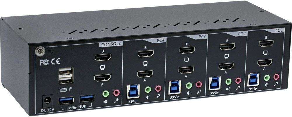 „InLine“ KVM darbalaukio perjungiklis, 4 prievadų, dviejų monitorių, HDMI 2.0, 4K, USB 3.0, garso