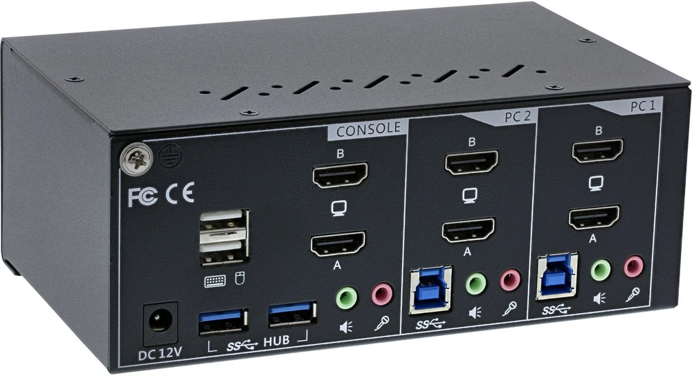 „InLine® KVM“ darbalaukio komutatorius, 2 prievadų, dviejų monitorių, HDMI 2.0, 4K, USB 3.0, garsas