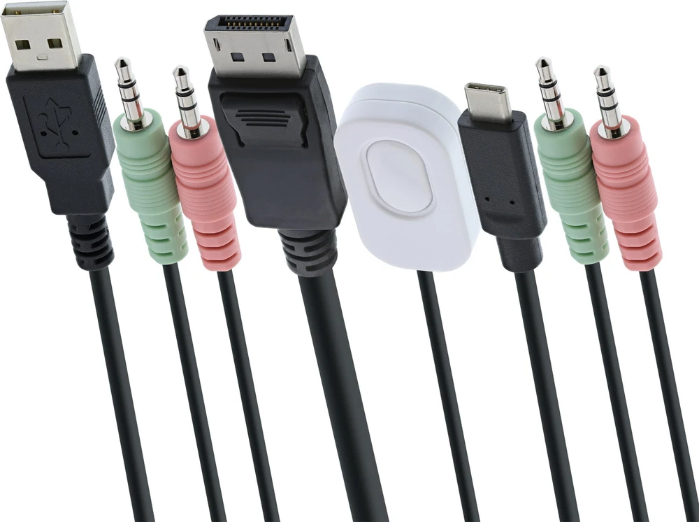 Przełącznik InLine® KVM Switch, 2-port, USB-C + DisplayPort to DisplayPort 1.2, 4K, with audio, integrated cable