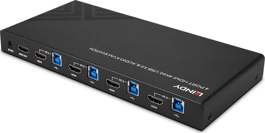 KVM Switch - LINDY 4 Prievadų HDMI 4K60, USB 3.0 ir Garso KVM Switch, Juodas