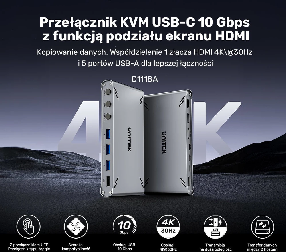 Unitek 10Gbps USB-C KVM komutatorius su HDMI ir failų perdavimu tarp sistemų