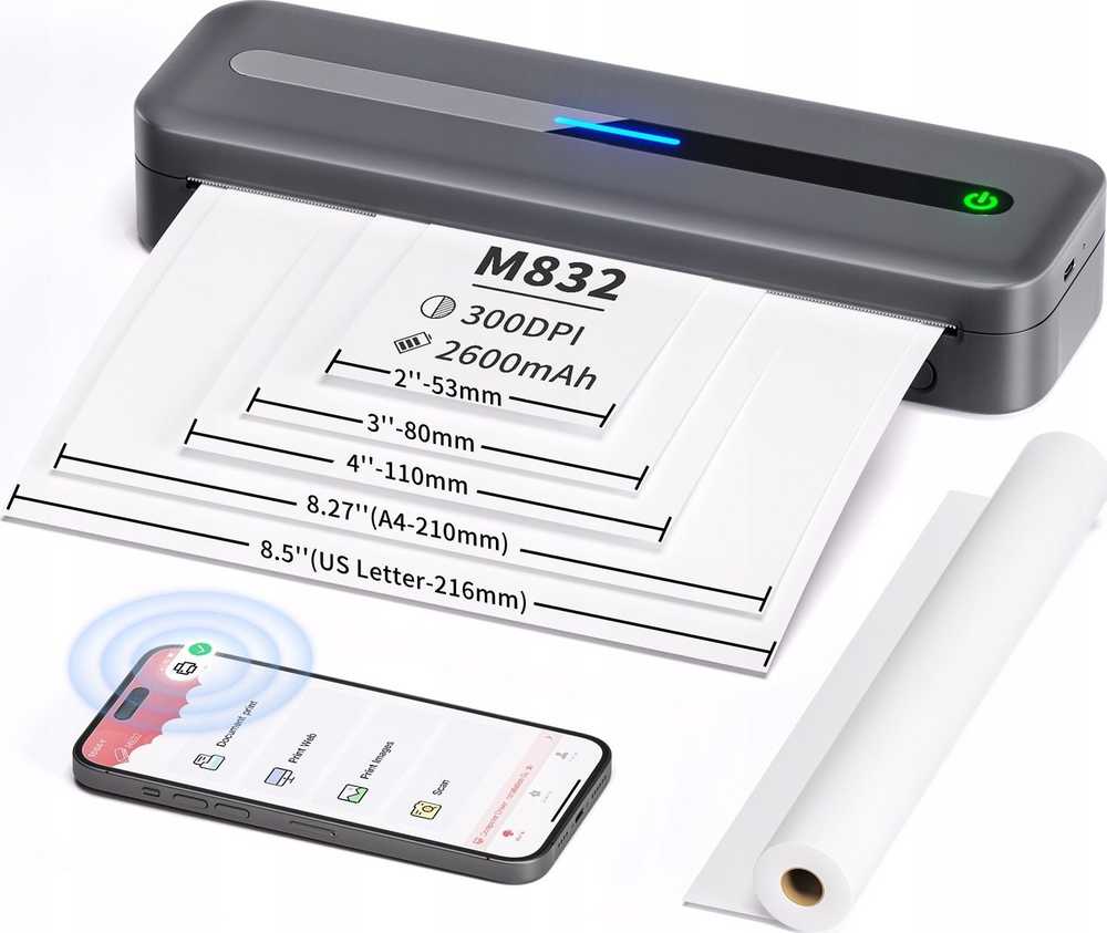 Phomemo Przenośna spausdintuvas Termiczna A4 Bez Tuszu Buetooth iOS/Android / Phomemo / M832 / Pilka