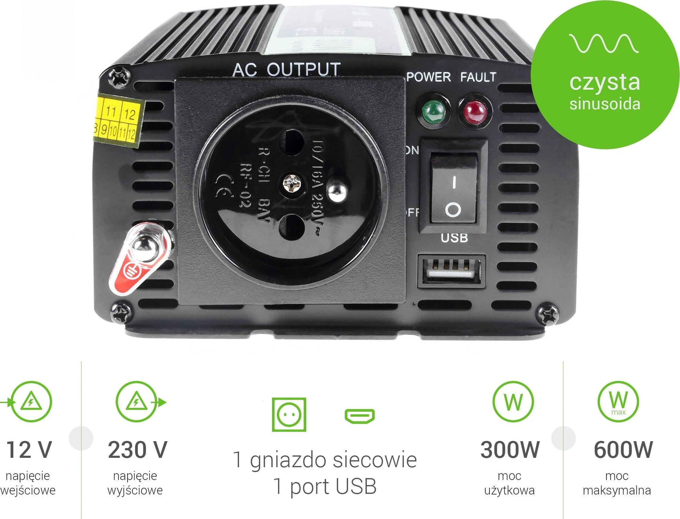 Green Cell Žalias Cell GREENCELL automobilio maitinimo keitiklis nuo 12V iki 230V 300W/600W gryno sinuso