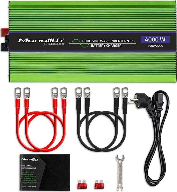 QOLTEC 51943 grynos sinusinės bangos keitiklis, monolitas / akumuliatoriaus įkroviklis / UPS / 4000 W / 2000 W / 12 V iki 230 V / LCD