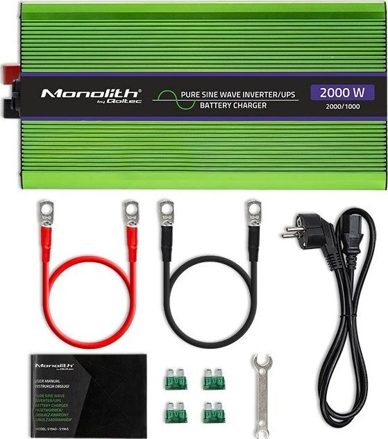 QOLTEC 51942 grynos sinusinės bangos keitiklis, monolitas / akumuliatoriaus įkroviklis / UPS / 1000 W / 2000 W / 12 V iki 230 V / LCD