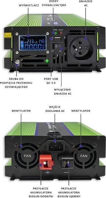 QOLTEC 51942 grynos sinusinės bangos keitiklis, monolitas / akumuliatoriaus įkroviklis / UPS / 1000 W / 2000 W / 12 V iki 230 V / LCD