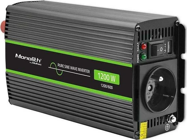 QOLTEC 51937 grynos sinusinės bangos keitiklis, monolitinis / 600 W / 1200 W / 24 V–230 V