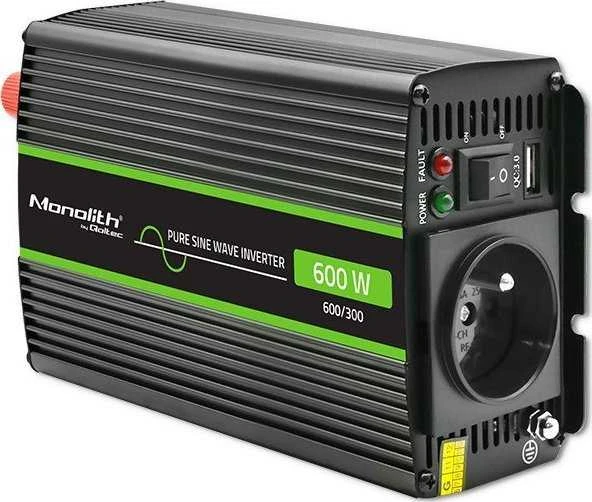 QOLTEC 51936 grynos sinusinės bangos keitiklis, monolitinis / 300 W / 600 W / 24 V–230 V
