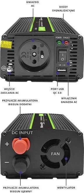QOLTEC 51936 grynos sinusinės bangos keitiklis, monolitinis / 300 W / 600 W / 24 V–230 V