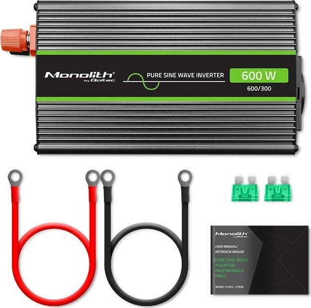 QOLTEC 51932 grynos sinusinės bangos keitiklis, monolitinis / 300 W / 600 W / 12 V–230 V