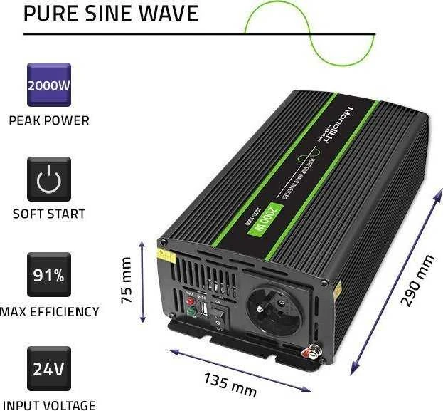 QOLTEC 51938 grynos sinusinės bangos keitiklis monolitinis / 1000 W / 2000 W / 24 V iki 230 V