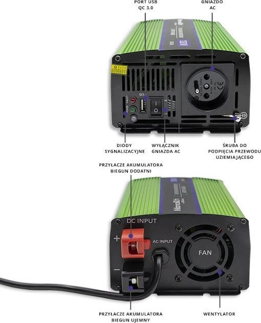 QOLTEC 51941 grynos sinusinės bangos keitiklis, monolitinis / akumuliatoriaus įkroviklis / UPS / 1200 W / 600 W / 12 V–230 V