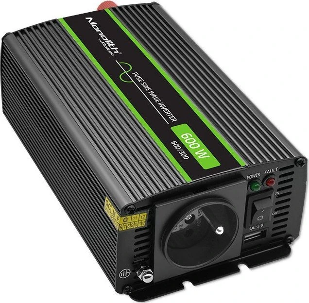 QOLTEC 51936 grynos sinusinės bangos keitiklis, monolitinis / 300 W / 600 W / 24 V–230 V