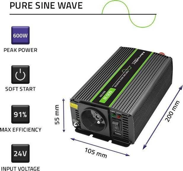 QOLTEC 51936 grynos sinusinės bangos keitiklis, monolitinis / 300 W / 600 W / 24 V–230 V