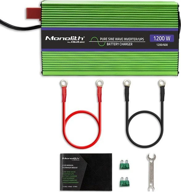 QOLTEC 51941 grynos sinusinės bangos keitiklis, monolitinis / akumuliatoriaus įkroviklis / UPS / 1200 W / 600 W / 12 V–230 V