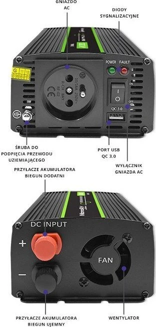 QOLTEC 51937 grynos sinusinės bangos keitiklis, monolitinis / 600 W / 1200 W / 24 V–230 V