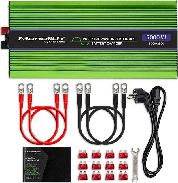 QOLTEC 51944 grynos sinusinės bangos inverteris, monolitas / akumuliatoriaus įkroviklis / UPS / 5000 W / 2500 / 12 V iki 230 V / LCD