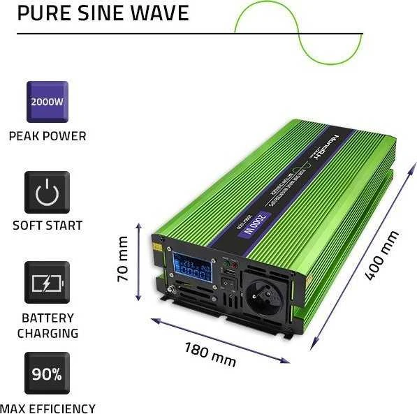 QOLTEC 51942 grynos sinusinės bangos keitiklis, monolitas / akumuliatoriaus įkroviklis / UPS / 1000 W / 2000 W / 12 V iki 230 V / LCD
