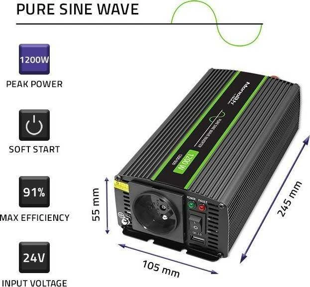 QOLTEC 51937 grynos sinusinės bangos keitiklis, monolitinis / 600 W / 1200 W / 24 V–230 V