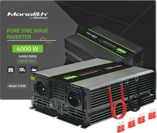 QOLTEC 51939 grynos sinusinės bangos keitiklis, monolitinis / 2000 W / 4000 W / 24 V–230 V