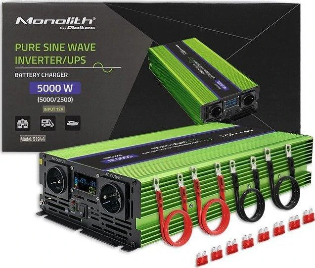 QOLTEC 51944 grynos sinusinės bangos inverteris, monolitas / akumuliatoriaus įkroviklis / UPS / 5000 W / 2500 / 12 V iki 230 V / LCD