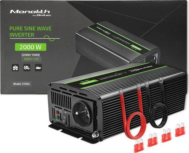 QOLTEC 51934 grynos sinusinės bangos inverteris, monolitas / 1000 W / 2000 W / 12 V–230 V