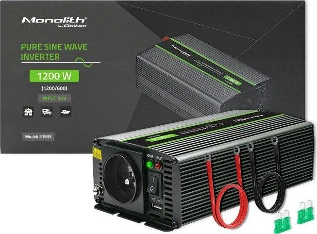 QOLTEC 51933 grynos sinusinės bangos keitiklis, monolitinis / 600 W / 1200 W / 12 V–230 V