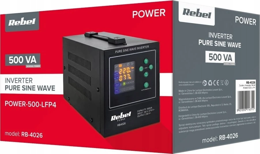 Rebel POWER-500-LFP4 avarinis maitinimo šaltinis – keitiklis su gryna sinusine banga ir įkrovimo funkcija 12V 230V 500VA 300W
