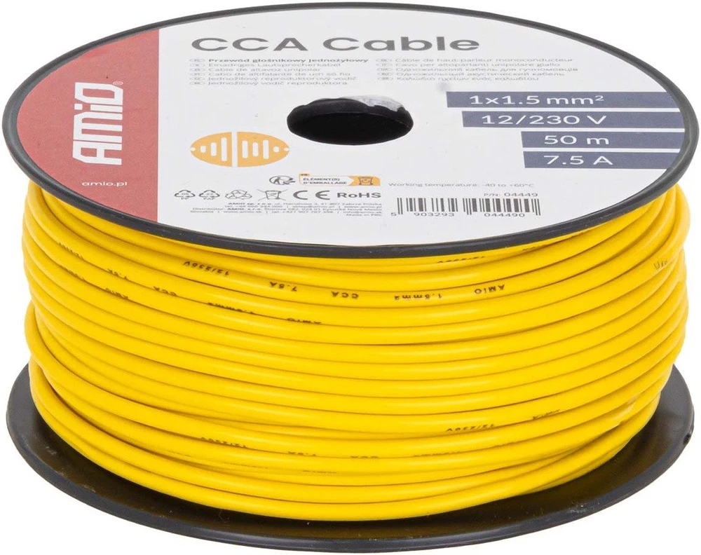Viengyslis CCA kabelis, geltonas, 1x1.5mm² 50m 7.5A 12/230V AMIO-04449