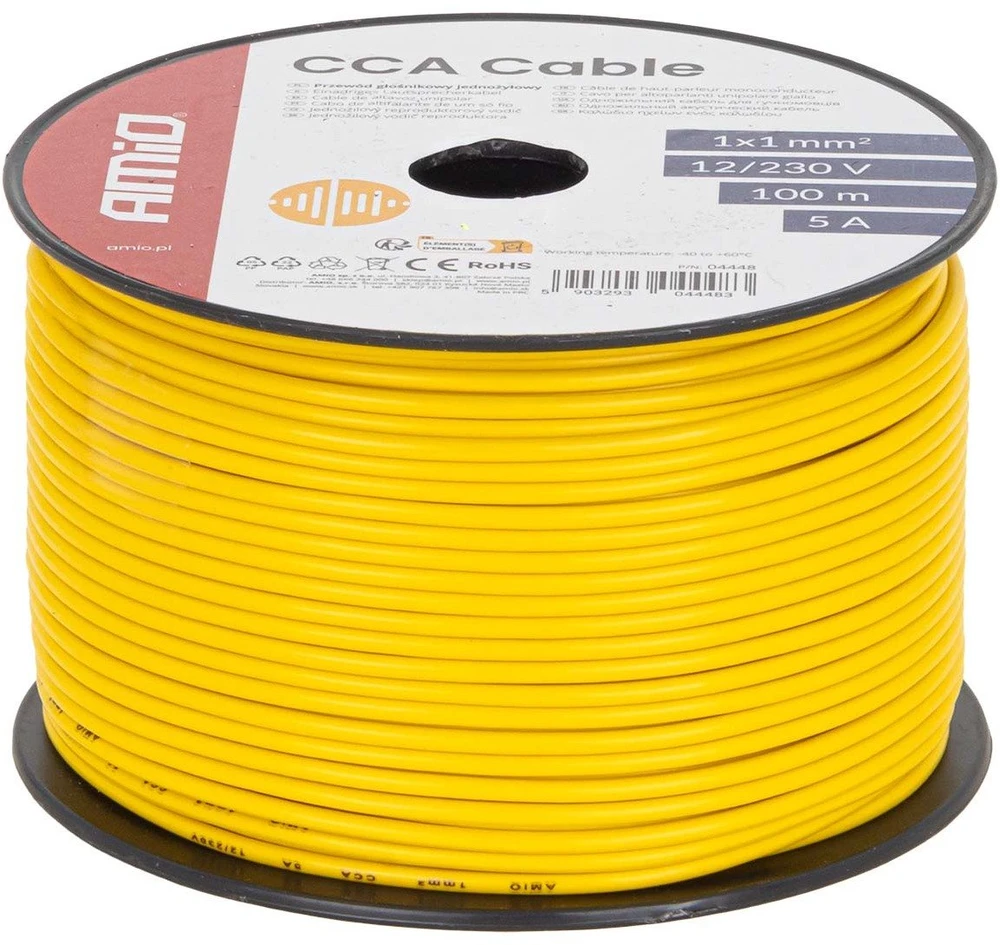 Viengyslis CCA kabelis, geltonas, 1x1mm² 100m 5A 12/230V AMIO-04448