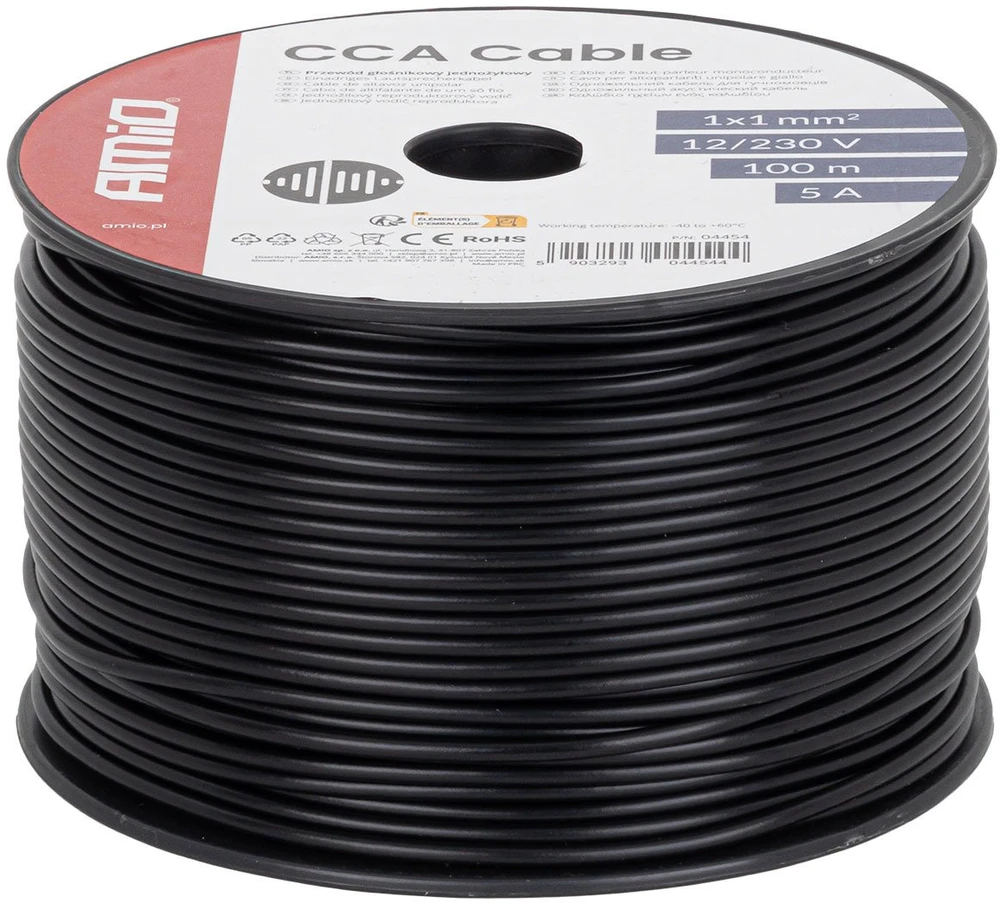 Viengyslis CCA kabelis, juodas, 1x1mm² 100m 5A 12/230V AMIO-04454