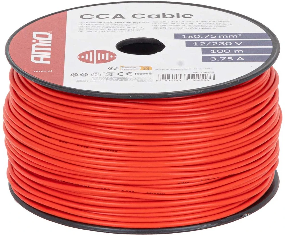 Viengyslis CCA kabelis, raudonas, 1x0.75mm² 100m 3.75A 12/230V AMIO-04450