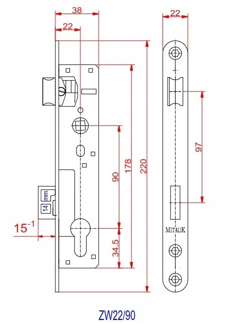 PSG 63.210 L/P skląsčio spyna H220/90 - įleidžiamoji, kairė/dešinė