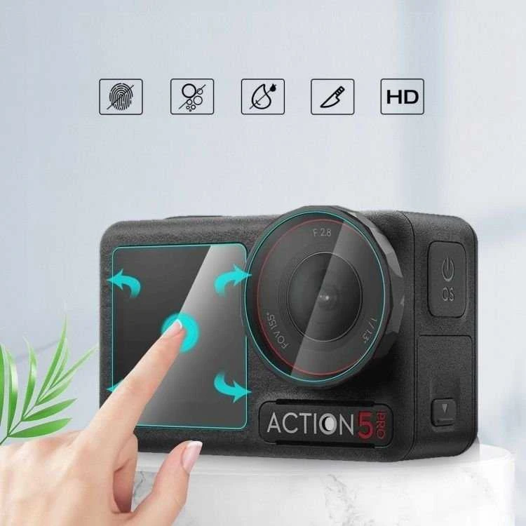 Puluz objektyvo apsauga. Rinkinys: apsauga, grūdintas stiklas 2x ekranui + objektyvui DJI Osmo Action 5 Pro / PU958T